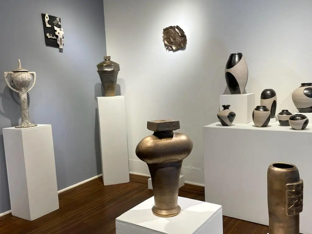An interior view of the Foelber Pottery Gallery featuring the "Opposites Attract" exhibit, which marks the first time John Foelber's and Judy Adams's work has been jointly shown in an exhibit. The exhibit remains on view through November 25.  (Courtesy Foelber Pottery Gallery and Studios)