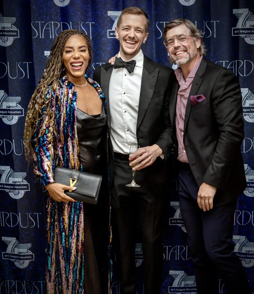 Celeste Edwards, Garrett Busch, James Devlin at Art League Houston’s 75th Anniversary Gala (Photo by Alex Barber and Laura Burlton)
