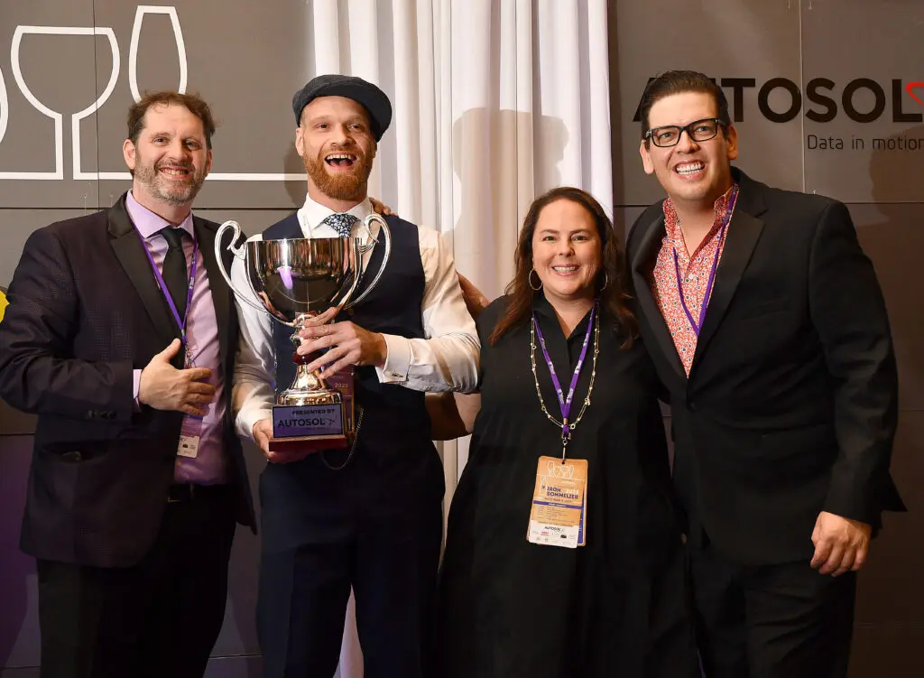 Sean Beck, Iron Sommelier 2023 Chris Havens, Lara Lack, Justin Goodman (Photo by Dave Rossman)