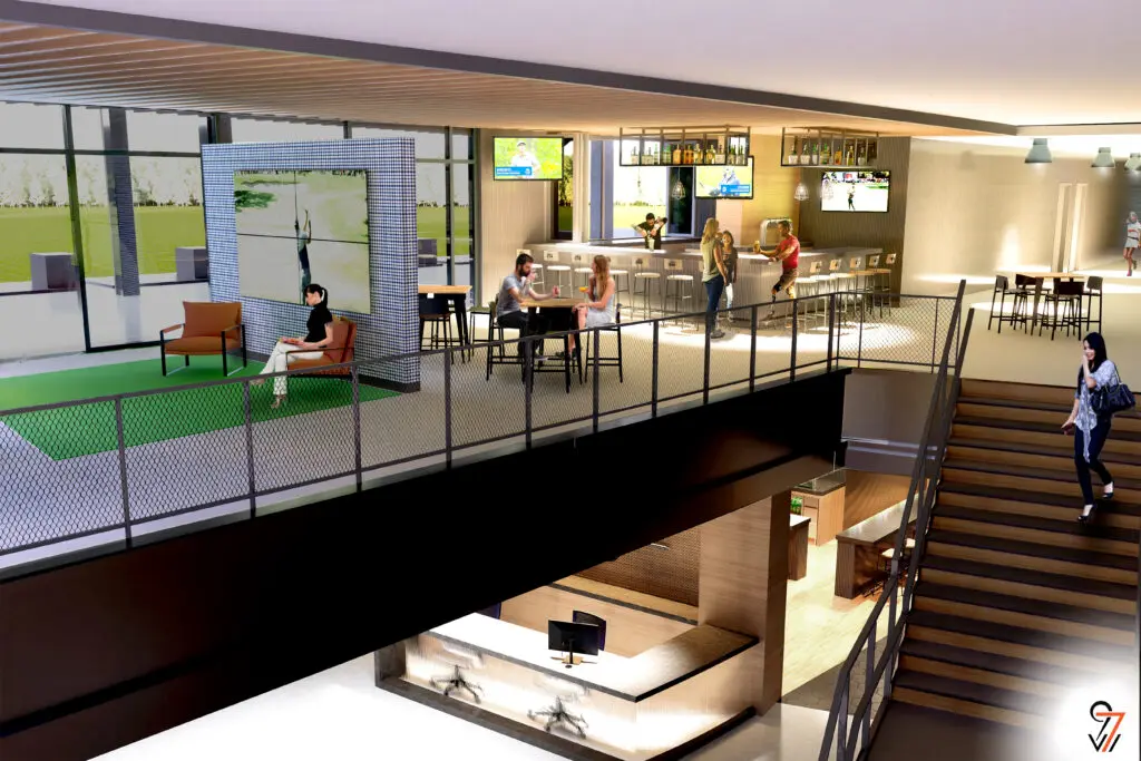 With casual dining at the hitting bays, and bars on both levels this will be an entertainment magnet at Hawk's Creek. (Rendering by 97w)