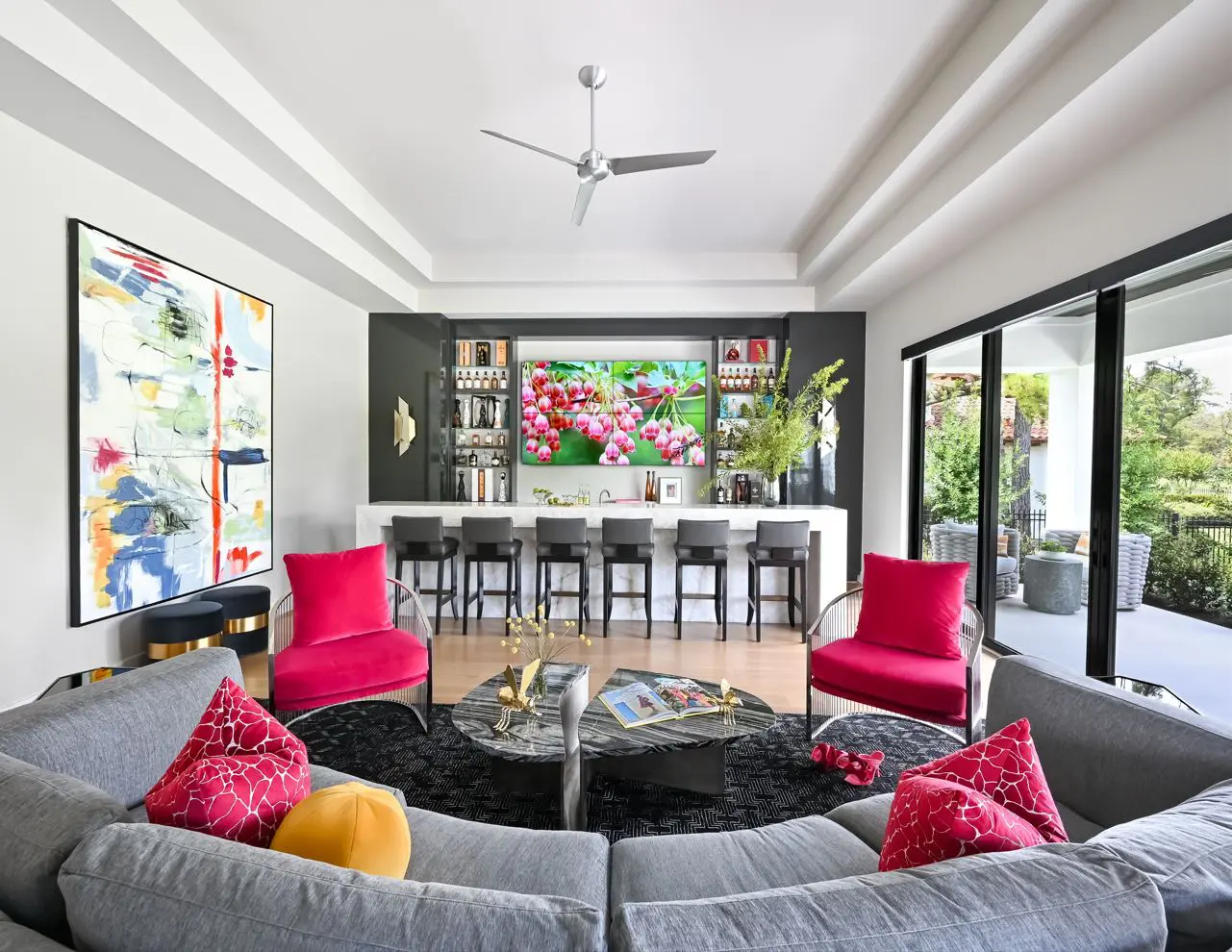 The vibrant colors of the bar area at this Carlton Woods estate make this a prime entertaining spot.