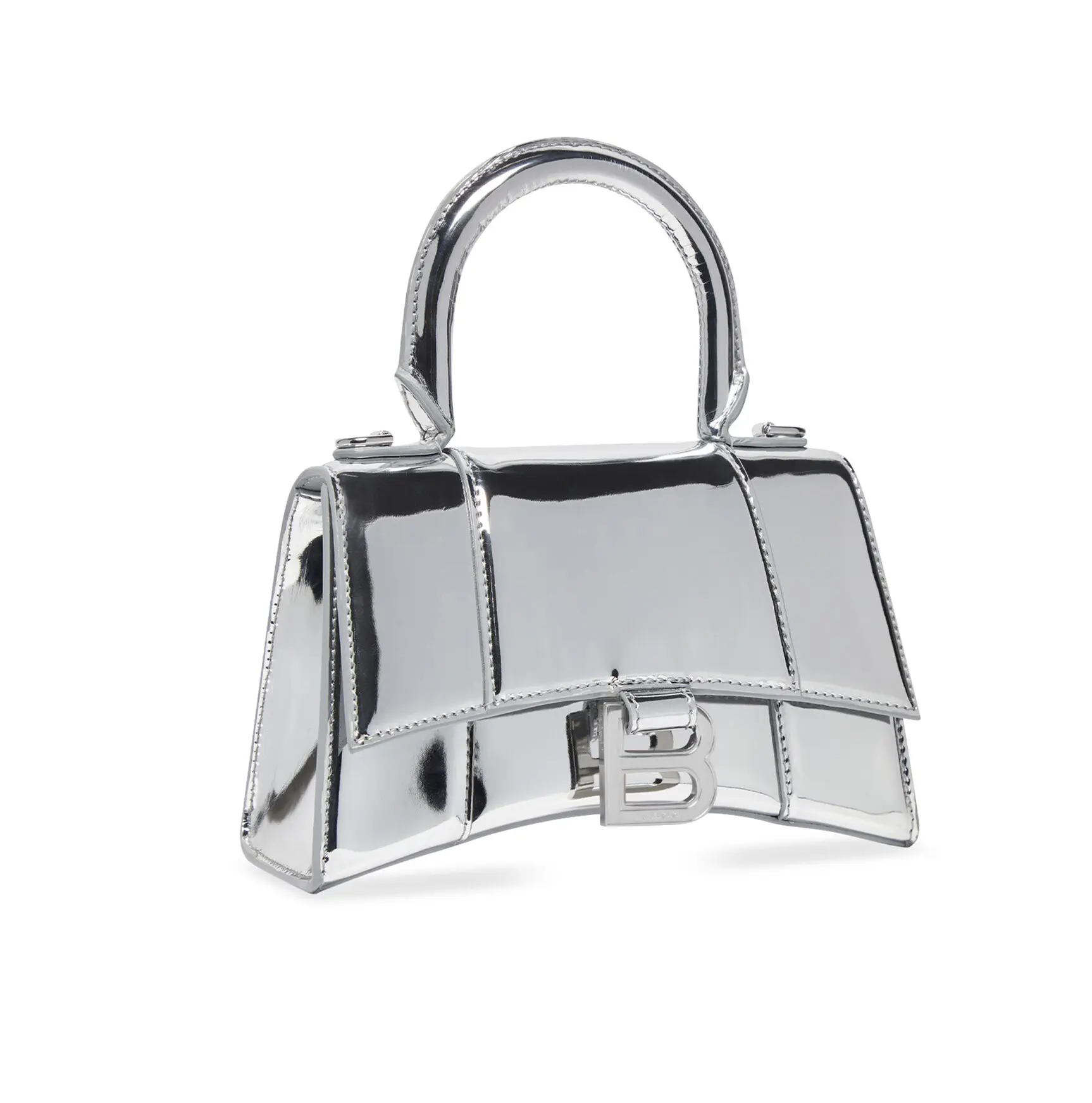 Bags – Balenciaga hourglass mirrored silver handbag with B logo.