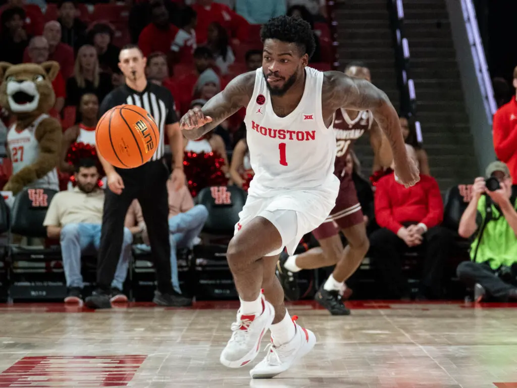 University of Houston point guard Jamal Shead is a star who chases down loose balls. (Photo by F. Carter Smith)