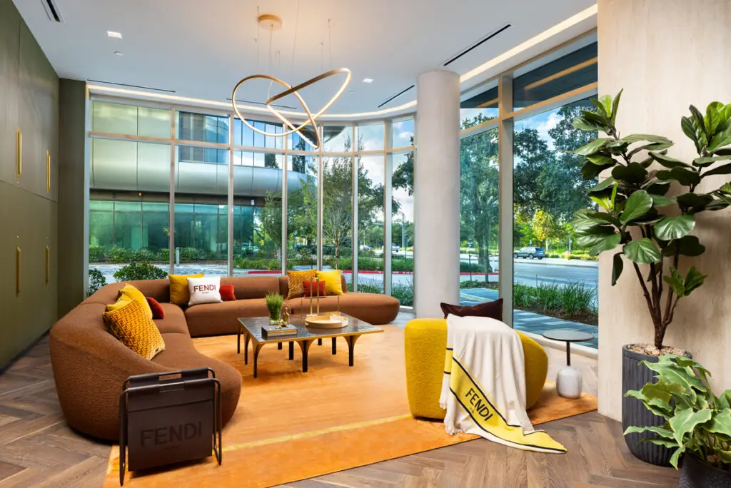 Fendi Casa Sandia modular sofa in the lobby of Residences at The Allen, design by BeDesign. (Photo by Shannon O’Hara Photography)