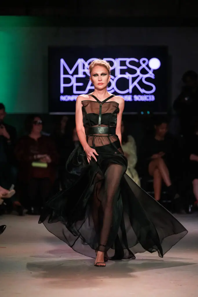 Neal Hamil Agency model Elena Antoshina on the runway at Magpies & Peacocks After Dark (Photo by Jay Marroquin)