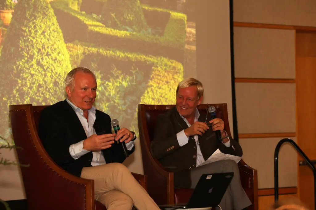 Paolo Moschino and Philip Vergeylen speaking on "An Entertaining Life: Designing Town & Country" (Photo by Rob Wythe)