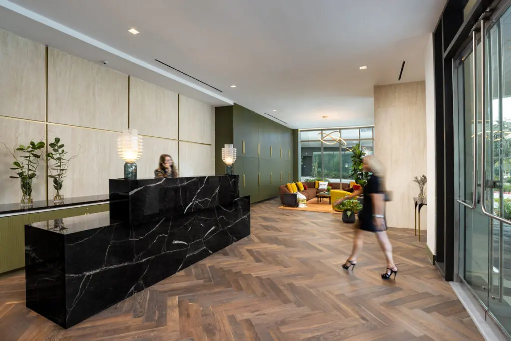 Residences at The Allen lobby created by BeDesign. ( (Photo by Shannon O’Hara Photography)