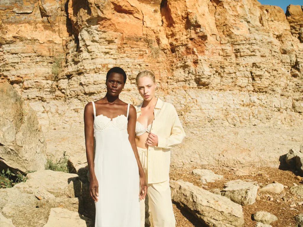 Left: Clea's Lucinda Bralette Dress in Off White ($695). Right: Clea's Piper Bralette in Off White ($390), Donni's Pop Stripe Shirt in Citrus Stripe ($209), and Donna's Stripe Pop Pant in Citrus Stripe ($164) (Photo by ps swoon)