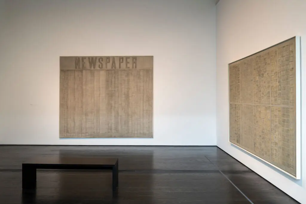 An installation view of artist Chryssa's newspaper-inspired artworks at The Menil Collection. (Photo by Paul Hester. Courtesy The Menil Collection)