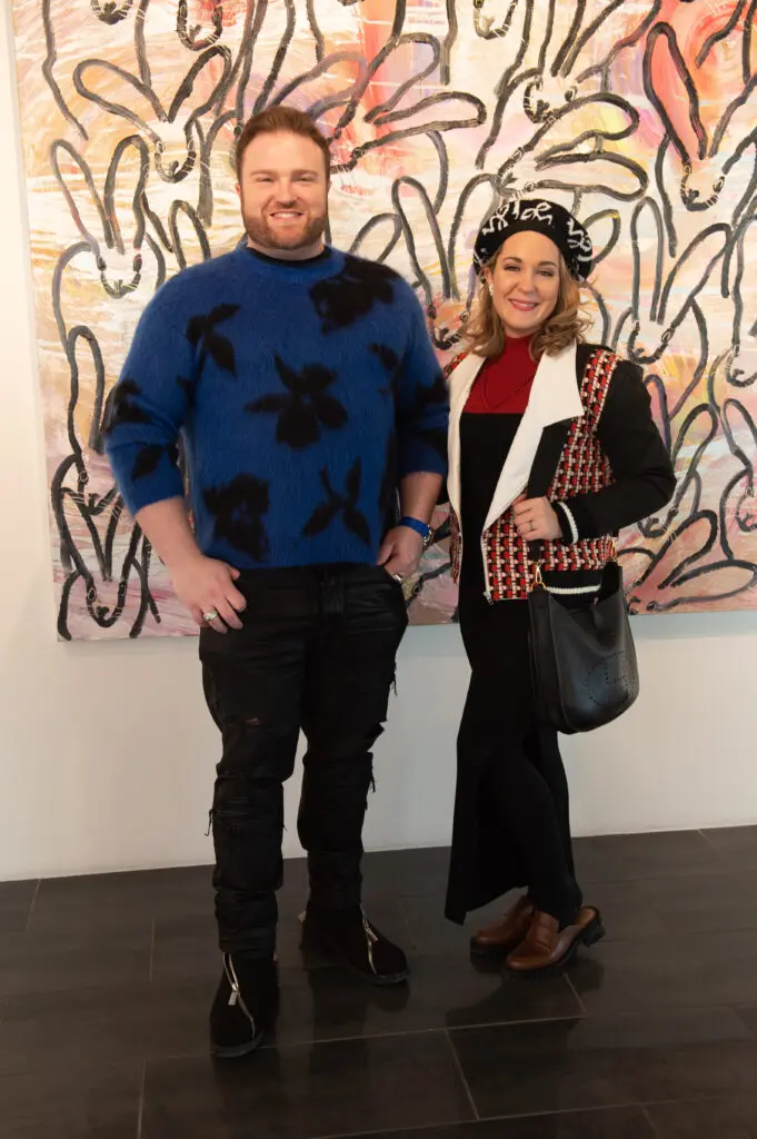 Addison Green, Kristi Peterson at Laura Rathe Fine Art's "Hunt Slonem: Hare Salon" (Photo by George Fiala)
