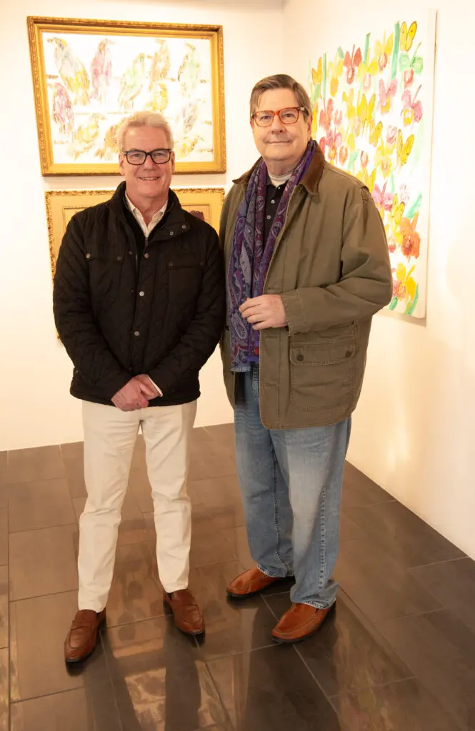 Clay Markham, John Giesler at Laura Rathe Fine Art's "Hunt Slonem: Hare Salon" (Photo by George Fiala)