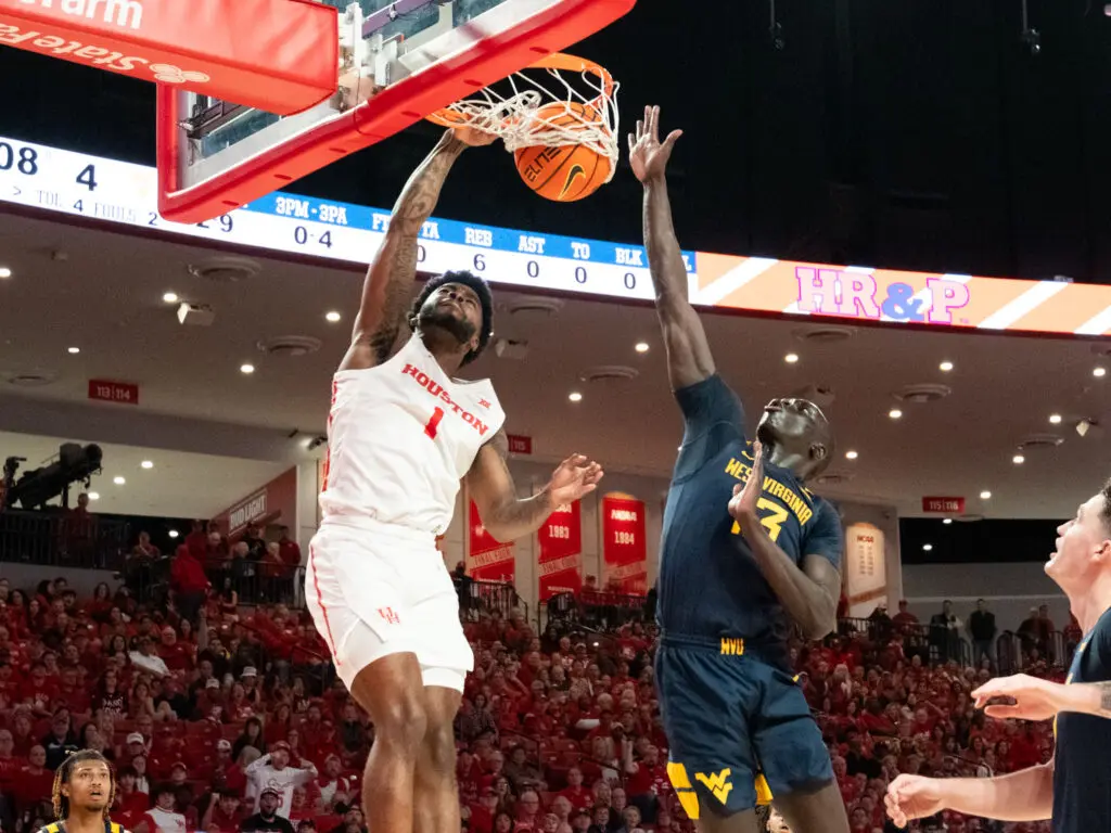 University of Houston point guard Jamal Shead can explode to the rim when he sees an opening. (Photo by F. Carter Smith)