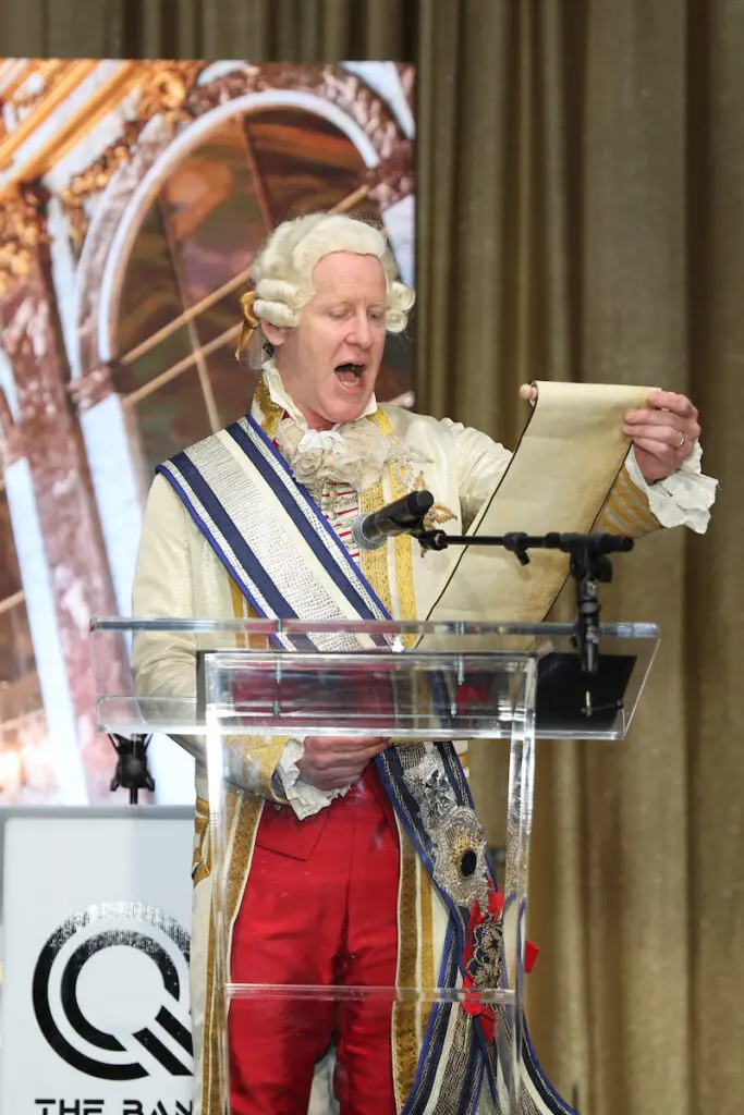The costumed orator introducing gala chairs and honorees at the Houston Symphony ball. (Photo by Priscilla Dickson)