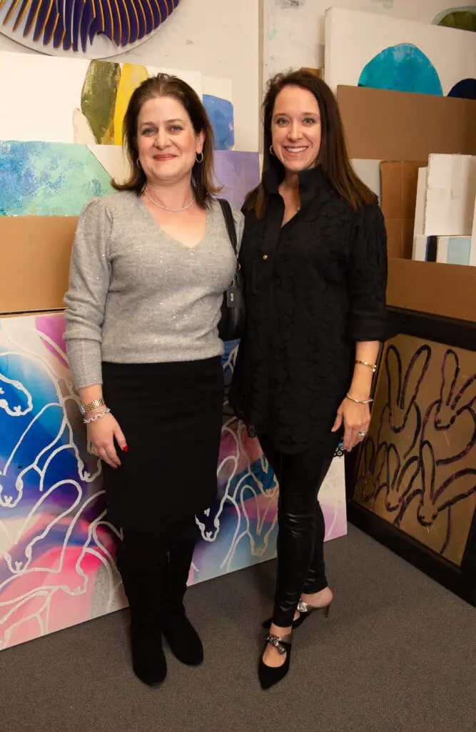 Elizabeth Dacus, Jennifer Tobin at Laura Rathe Fine Art's "Hunt Slonem: Hare Salon" (Photo by George Fiala)