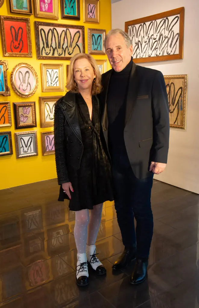 Laura Rathe, Eric Firestone at Laura Rathe Fine Art's "Hunt Slonem: Hare Salon" (Photo by George Fiala)