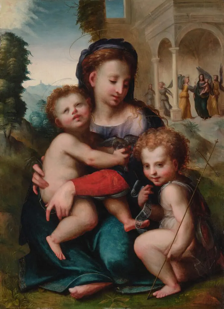 Lot 249, Domenico Pugligo's "Madonna and Child with Young Saint John the Baptist with the Madonna and Child Adored by Angels Beyond"