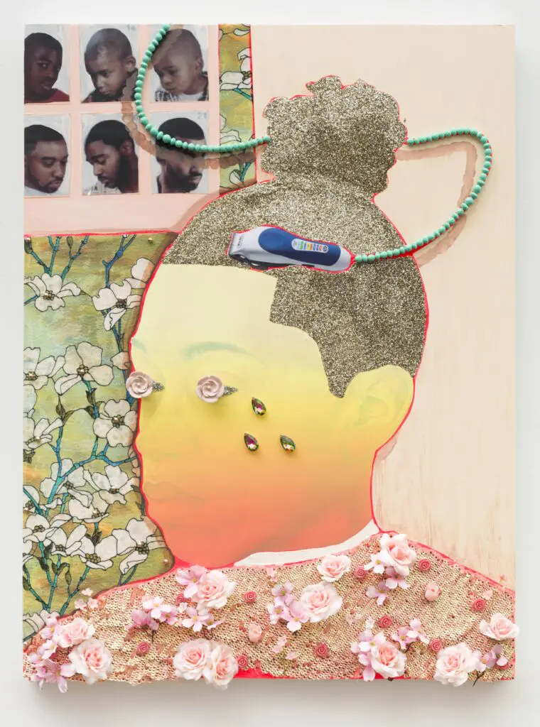 Devan Shimoyama's collage "Tasha," 2018, at Museum of Fine Arts, Houston. Colored pencil, oil, collage, sequins, glitter, silk flowers, beads, and Flashe on canvas stretched over panel. (Courtesy Devan Shimoyama and Pérez Art Museum Miami)