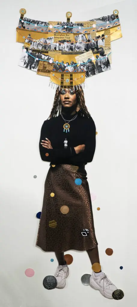 Helina Metaferia's mixed media collage collage "Headdress 61" from the series By Way of Revolution, 2023, at Museum of Fine Arts, Houston. (Courtesy Helina Metaferia)