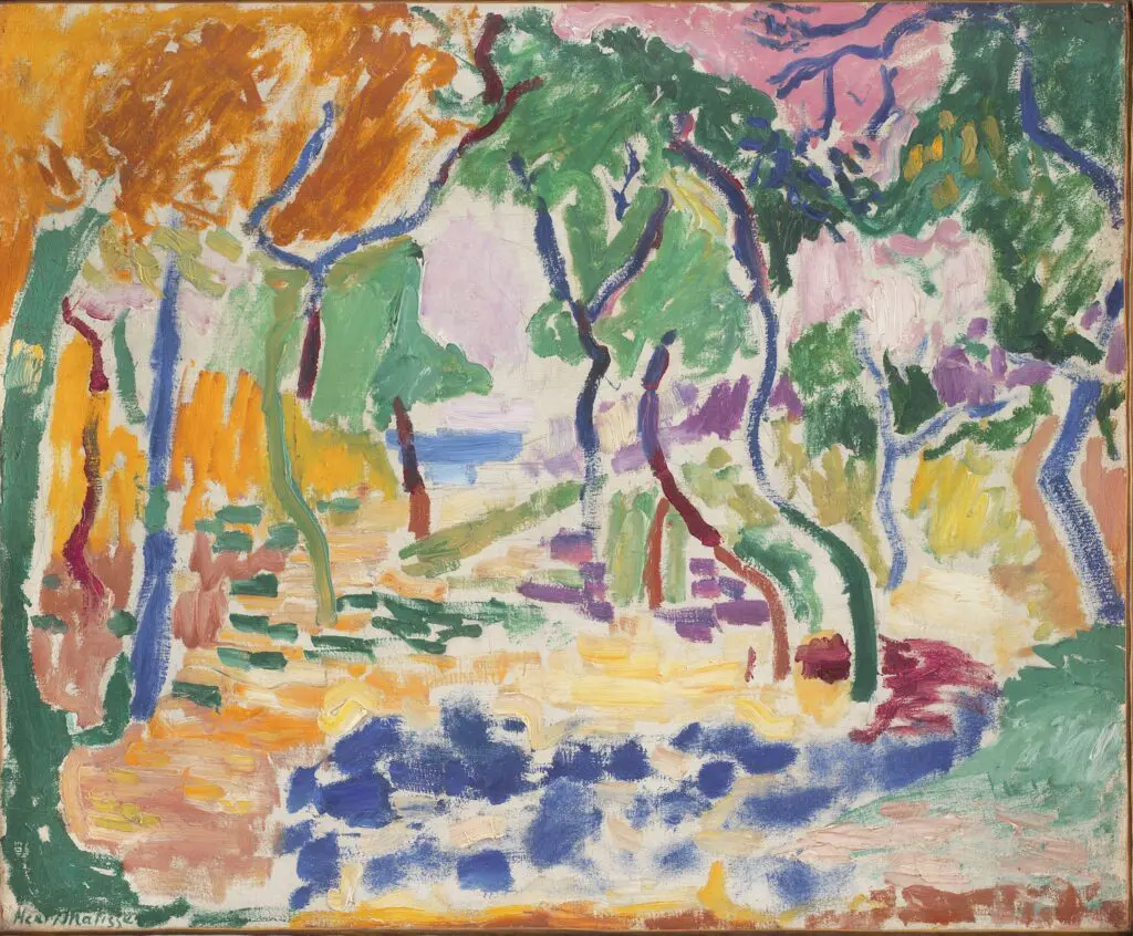 Henri Matisse, "Landscape at Collioure" (Study for "The Joy of Life"), 1905, oil on canvas, Statens Museum for Kunst, Copenhagen. © 2023 Succession H. Matisse/Artists Rights Society (ARS), New York. Image courtesy MFAH.