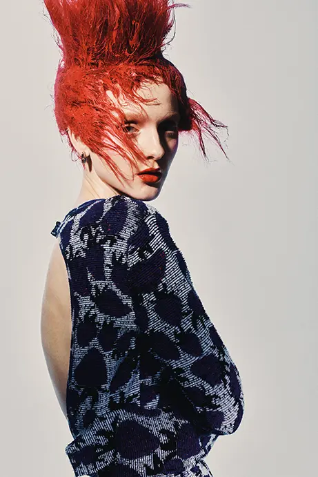 Burberry strawberry jacquard silk cotton dress $2,850, earrings $970, and London shield heeled loafer $1,290, at the Burberry boutique, Neiman Marcus, Saks Fifth Avenue, net-a-porter.com. 