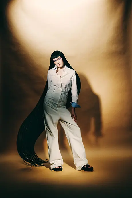 Loewe shirt $990, and high-waisted jean &990, at Neiman Marcus, Saks Fifth Avenue, net-a-porter.com, farfetch.com. 