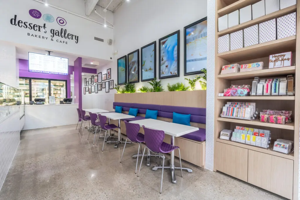 Interior seating in The Woodlands' new Dessert Gallery is decked out in signature purple and turquoise. (Photo by Dylan McEwan)