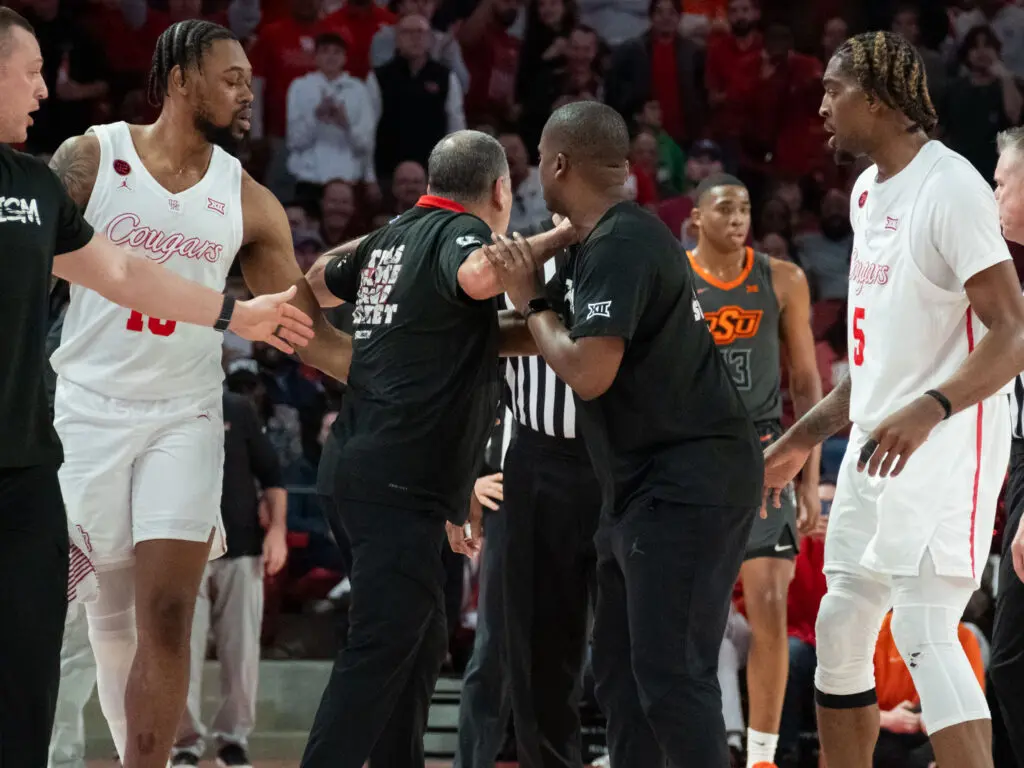 University of Houston coach Kelvin Sampson wanted the officials to hear what he had to say. (Photo by F. Carter Smith)