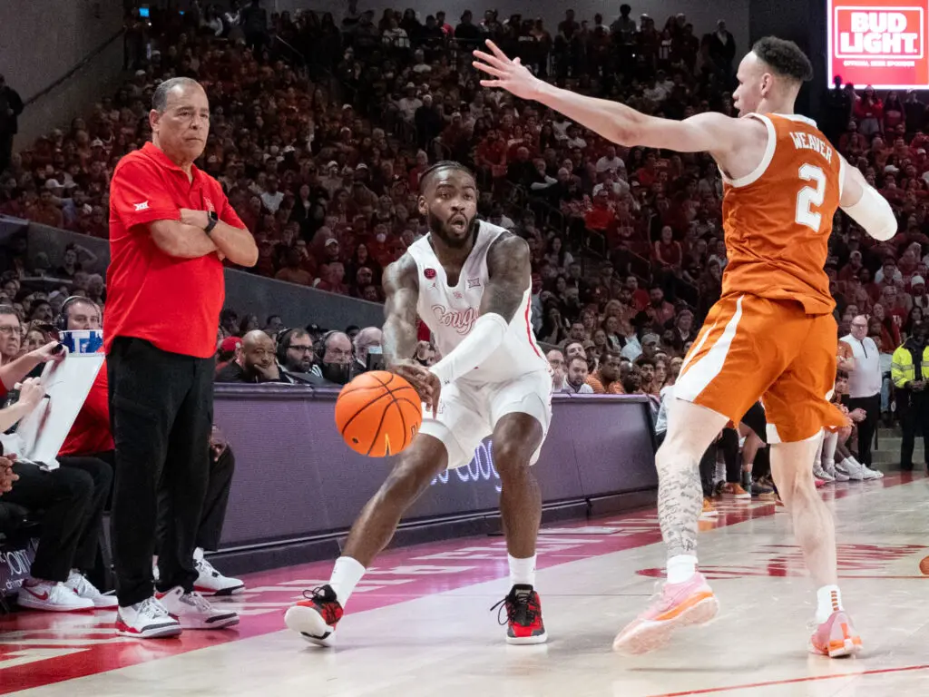 University of Houston point guard Jamal Shead creates a lot of good for Kelvin Sampson. (Photo by F. Carter Smith)