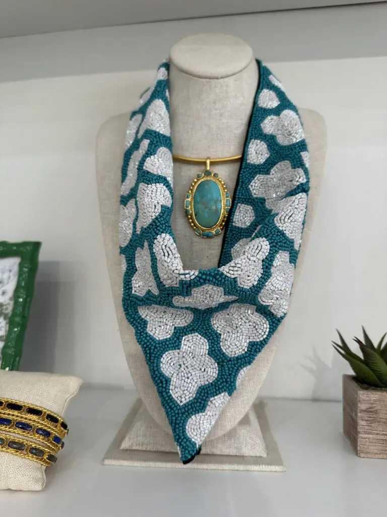 Beaded accessories add depth to the collections as Christina Greene.