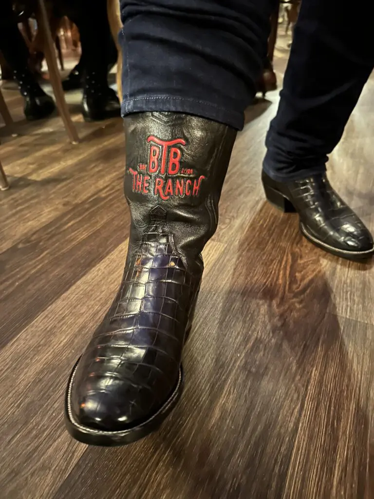 Ben Berg's alligator boots bearing the The Ranch logo made my M.L. Leddy of Fort Worth