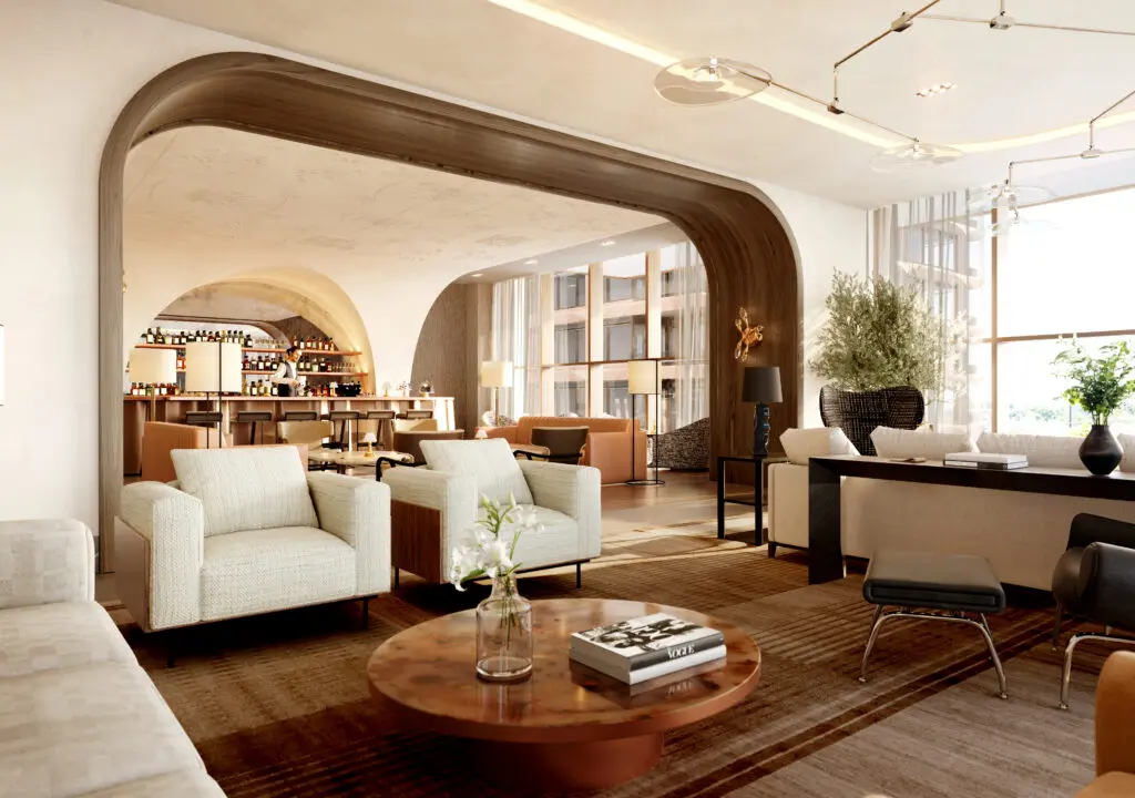 A rendering of the lounge in the residences designed by Chad Dorsey. (Courtesy Auberge Resorts)