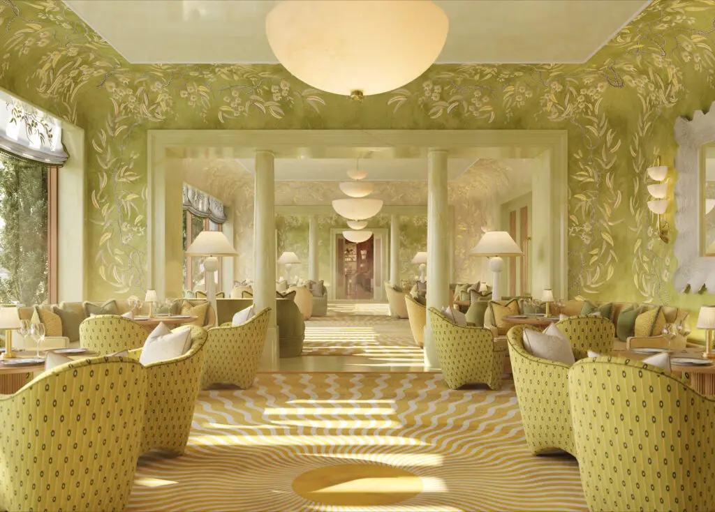 Rendering of The Knox, Auberge Resorts Collection hotel drawing room designed by Martin Brudnizki. (Courtesy Auberge Resorts)