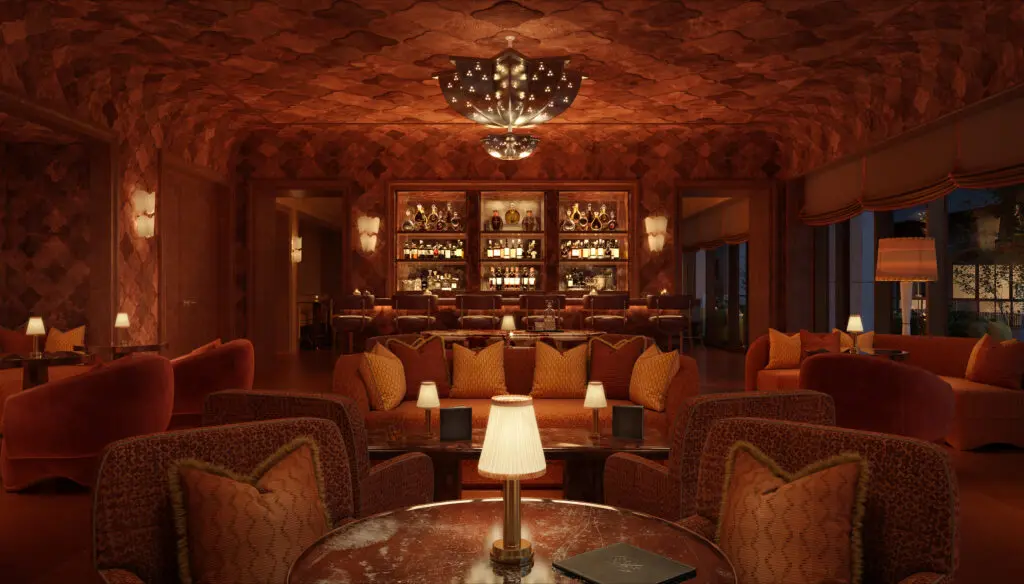 Rendering of a bar at The Knox designed by Martin Brudnizki. (Courtesy Auberge Resorts)
