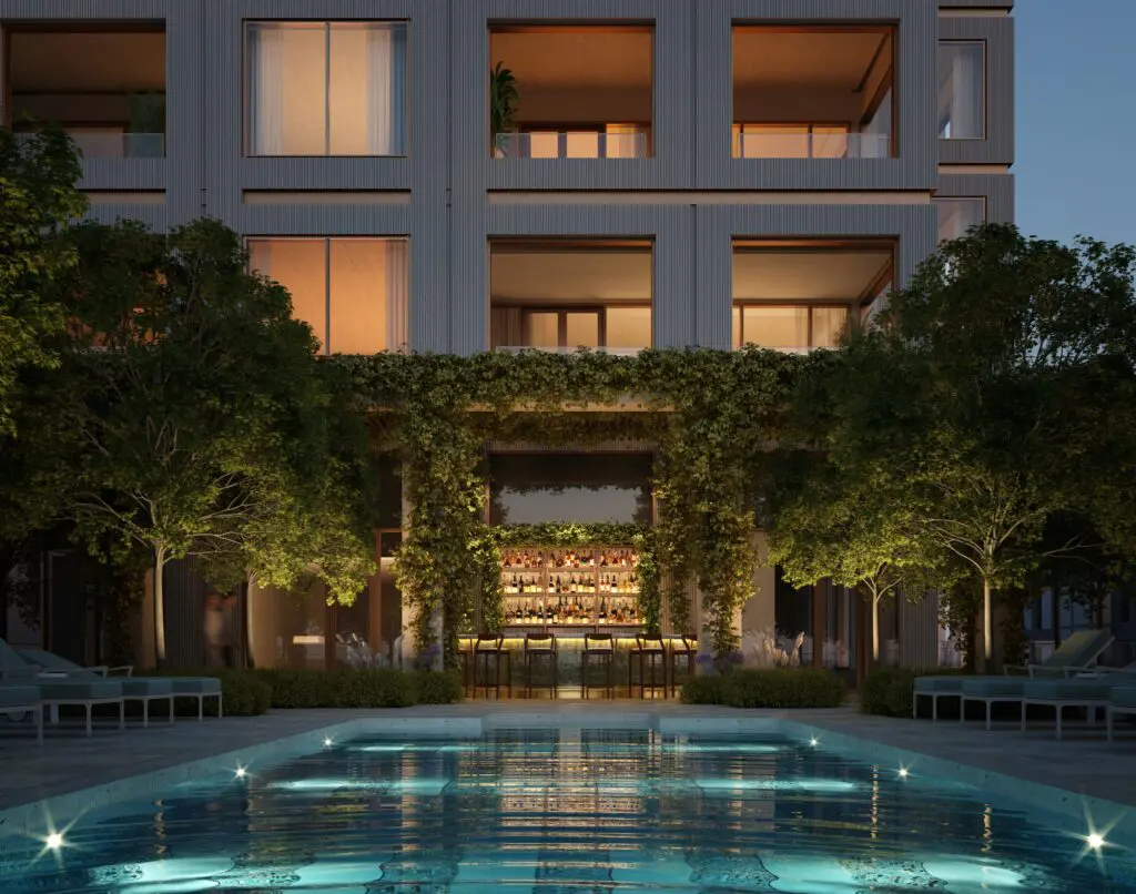 The Knox hotel pool at dusk. (Courtesy Auberge Resorts)