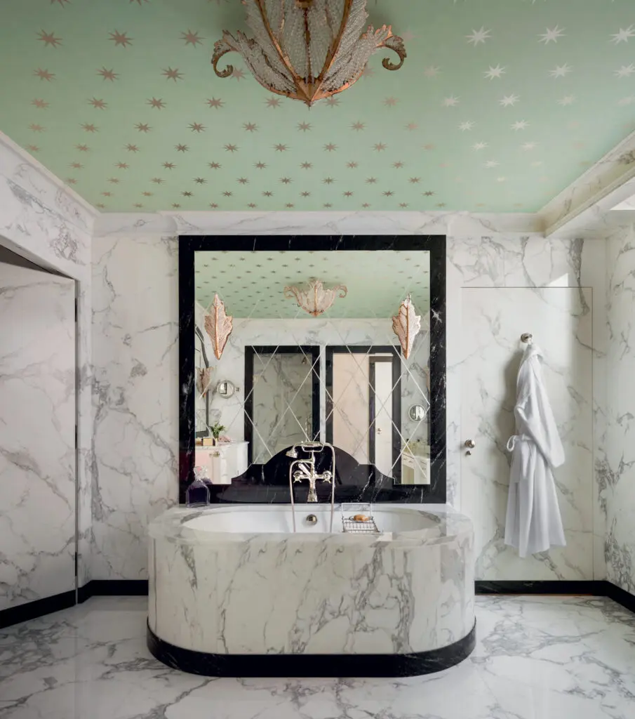 Primary bath in River House, NYC, designed by Mario Buatta, from the book Mario Buatta: Anatomy of a Decorator (Rizzoli). (Photo by Scott Frances / Otto)