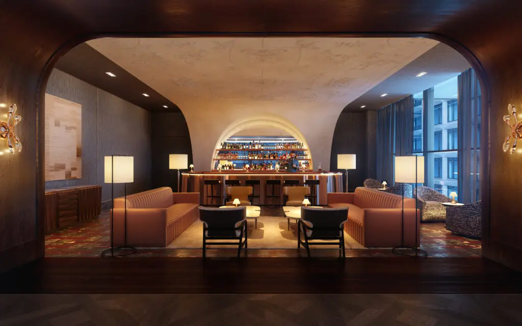The fourth floor lounge at The Knox at dusk. (Courtesy Auberge Resorts)