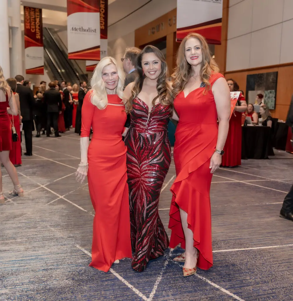 Woodlands Township Board of Directors chair Ann Snyder, president and CEO of Blackpearl Technology's Misti Jeter and development director for Montgomery County Lisa Fenley make the scene at The Heart Ball. (Photo by American Heart Association)