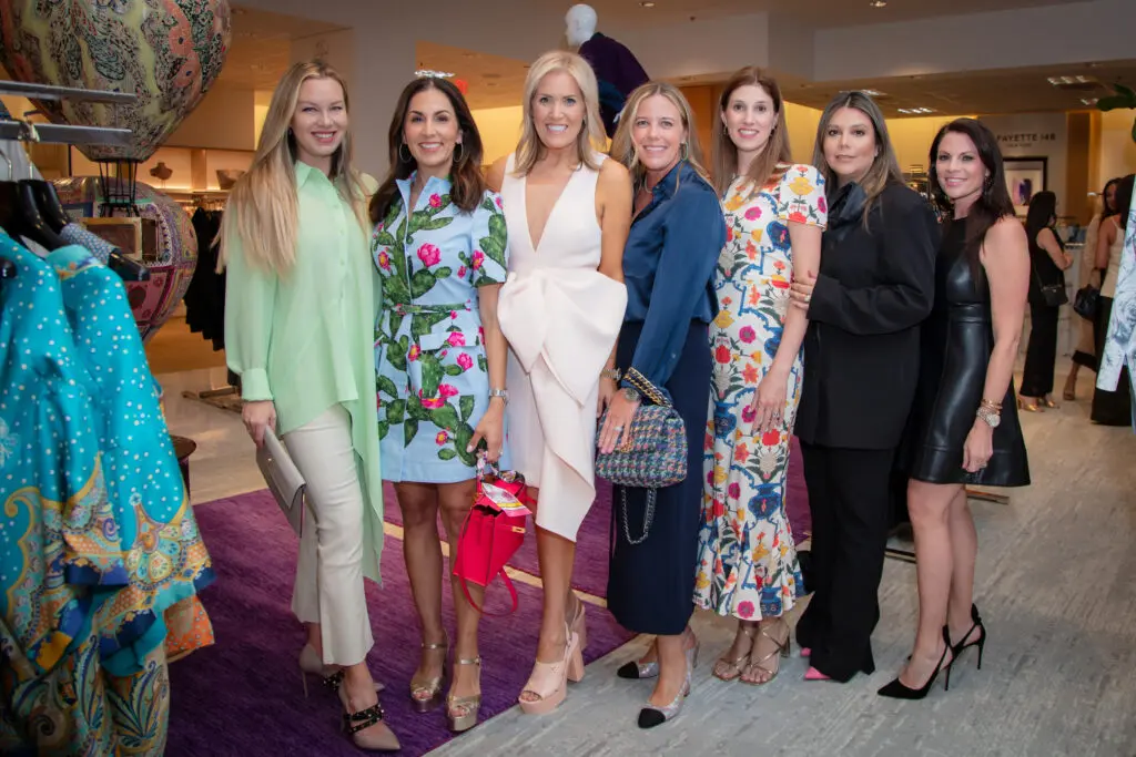 Audrey White, Julie Chen, Amanda Boffone, Melissa Sugulas, Camille Connelly, Daniella Hernandez, Kathy De La Mora at the PaperCity Philanthropy in Fashion Best Dressed announcement party at Neiman Marcus. (Photo by Kara Trail, Miroma Photography)