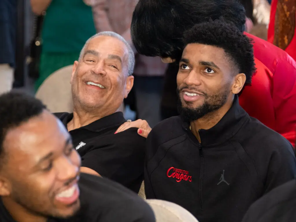Kelvin Sampson had some fun with his UH players on the NCAA Tournament Selection Sunday. (Photo by F. Carter Smith)
