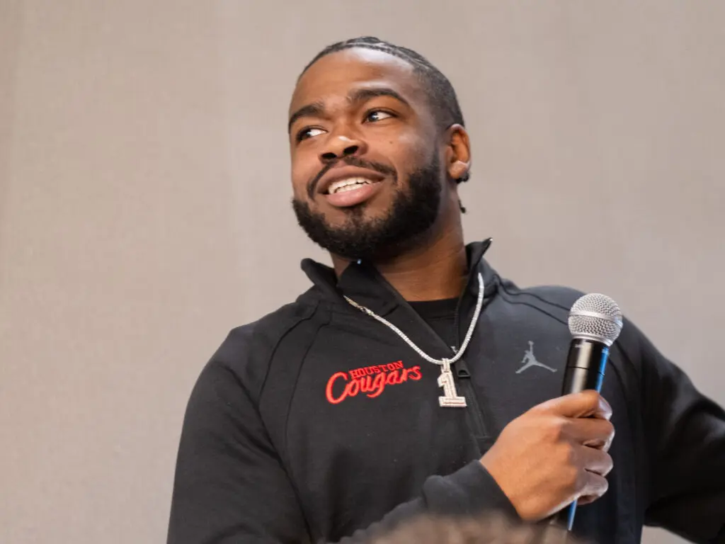 University of Houston point guard Jamal Shead once again knew just what to say on a Selection Sunday that brought out Drake. (Photo by F. Carter Smith)