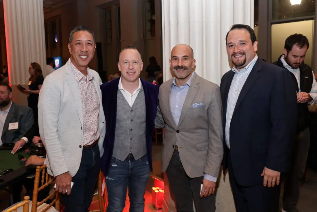 Kevin Lee, Dylan Seff, Mark DiBella, Eric Calderon at the YES Prep Oil & Gas Texas Hold 'Em Tournament at Corinthian Houston (Photo by Priscilla Dickson)