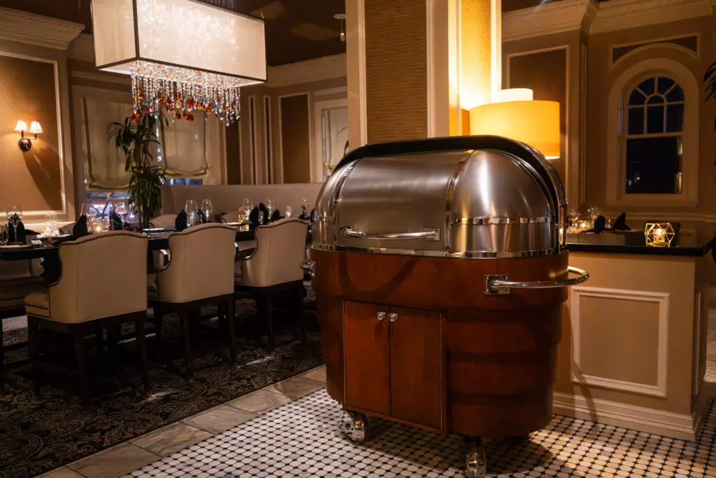 The Landmark Prime Rib's 1940s carving cart is a centerpiece in the dining room. (Courtesy)