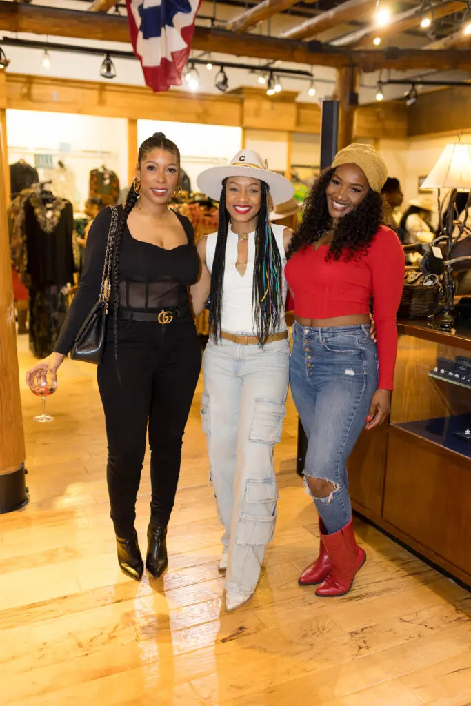 Moni Pradier, Holly-Dae Burton, Rodnae' Bell at the Pinto Ranch celebration with LeToya Luckett. (Photo by Ivonne Perla Creative)