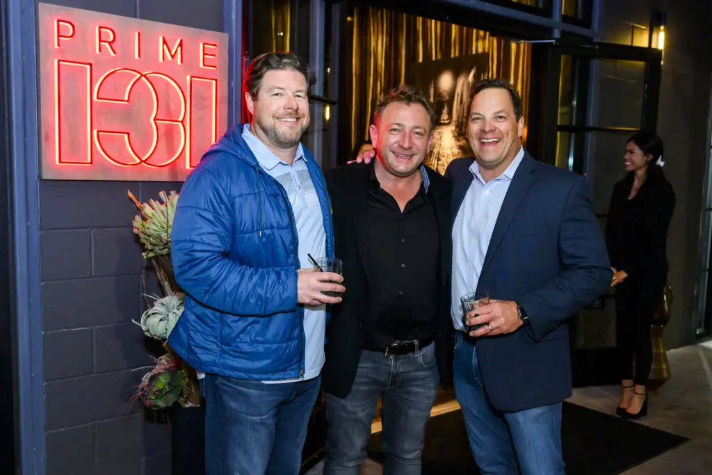 Neil Martin, Ben Berg, Michael Sperandio at the grand opening of  Berg's latest concept, Prime 131, a live-fire and sushi restaurant  (Photo by Michelle Watson, Catchlightgroup.com)
