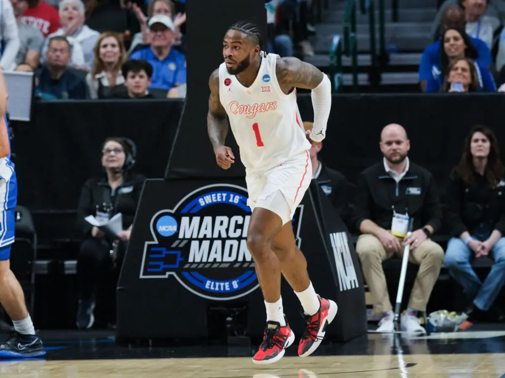 Houston point guard Jamal Shead was dominating against Duke. Then he was gone with a massive ankle injury, (Photo by F. Carter Smith)