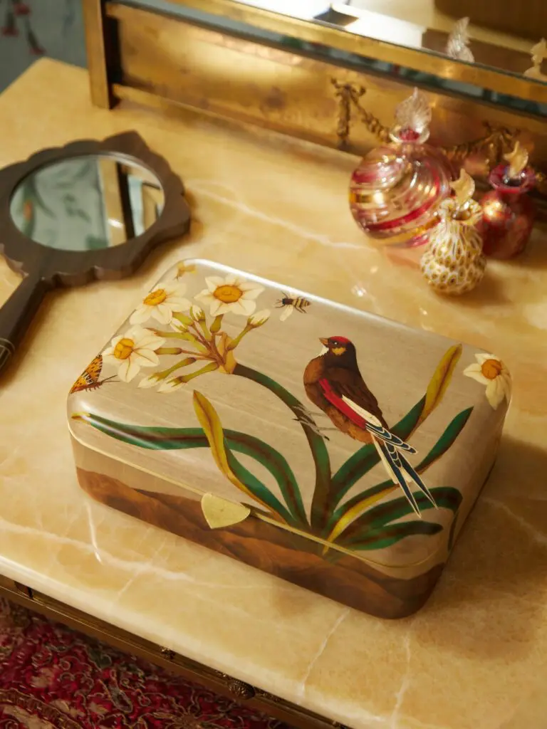 Silk Road marquetry box with bird and flowers pattern.