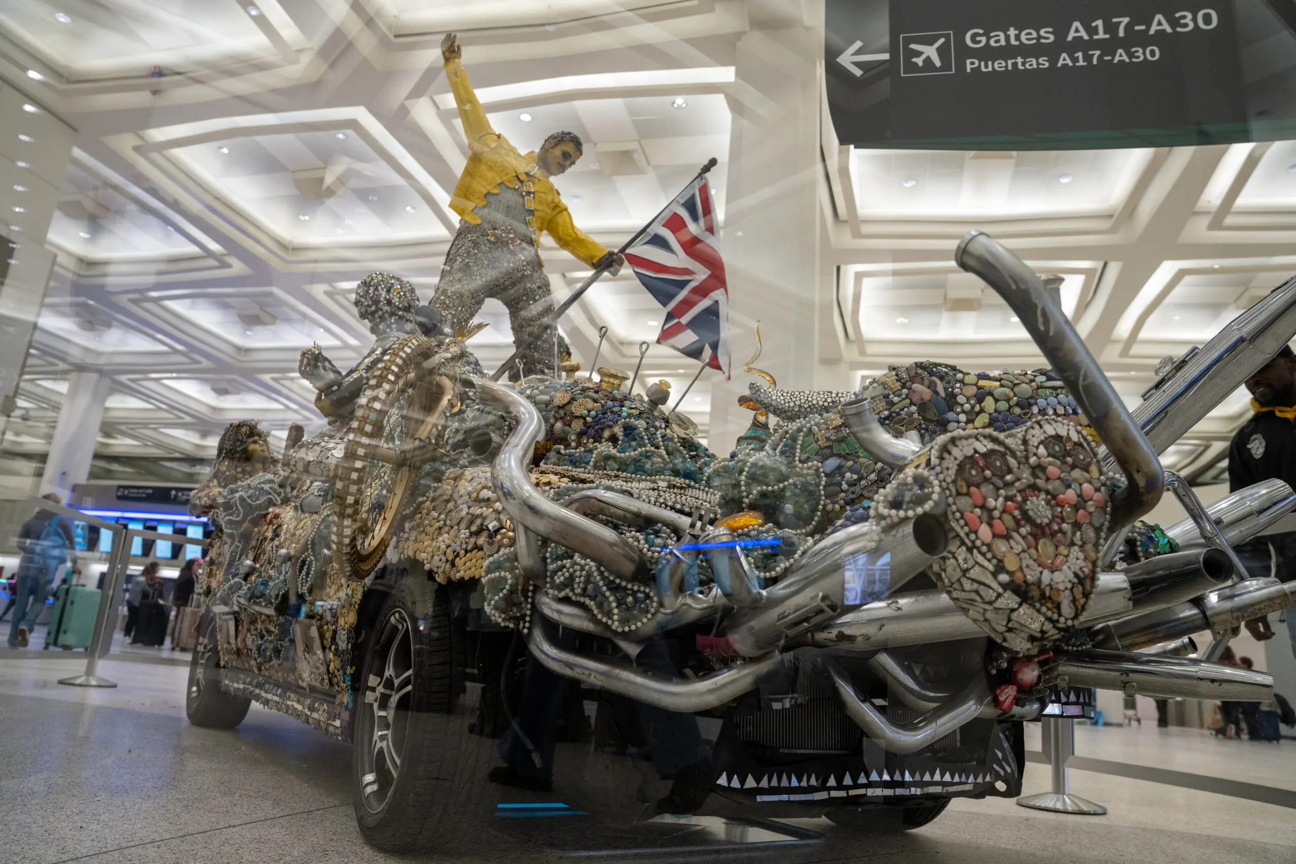 Rebecca Bass and Houston’s Heights High School Art Car Club's "Bohemian Rhapsody: A Tribute to Queen," 2016, at Bush IAH, Terminal A (Courtesy Houston Airports)