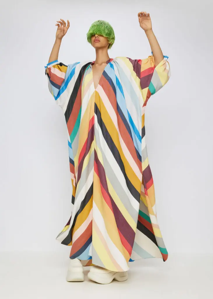 Touareg dress in a fabric incorporating every color thread in the Marrakshi Life atelier, designed for Sarah Jessica Parker in "And Just Like
That." (Photo by Randall Bachner for Marrakshi Life)