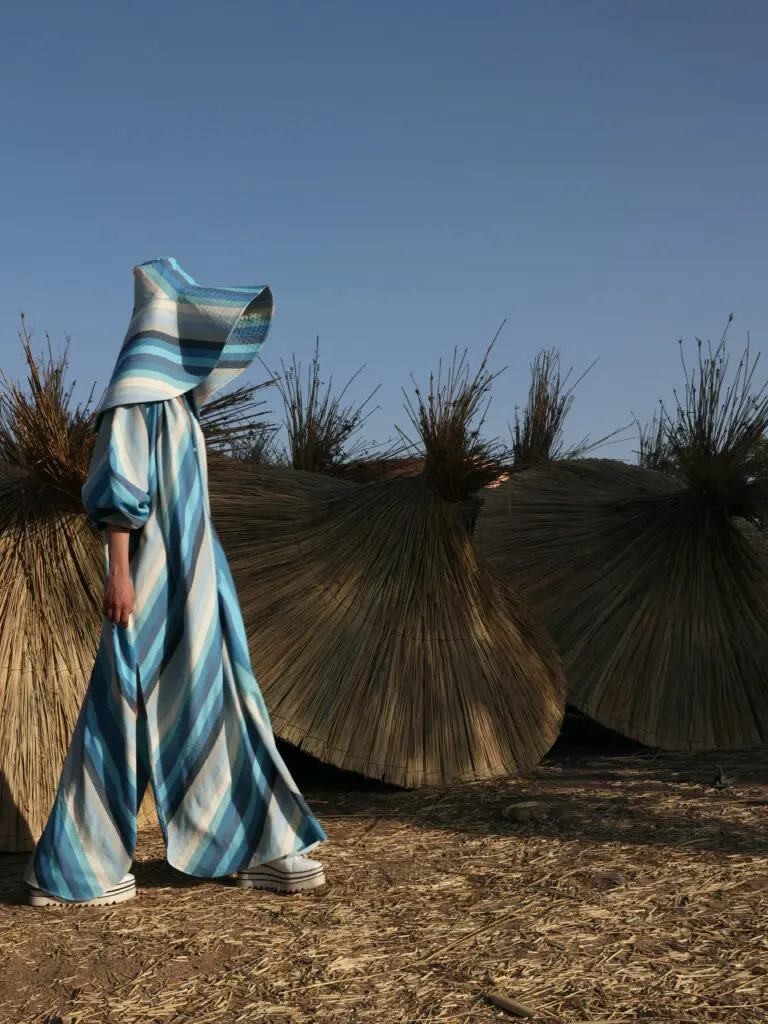 Pamela hat and Touareg dress, handwoven by artisans in the Marrakshi Life atelier. (Photo by Randall Bachner for Marrakshi life) 