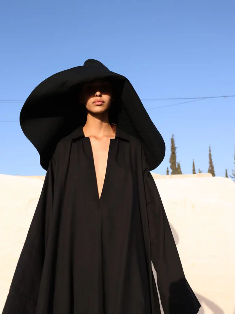 Pamela hat and caftan, handwoven by
artisans in the Marrakshi Life atelier. (Photo by Randall Bachner for Marrakshi Life)